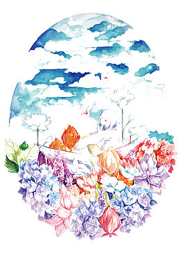矢量水彩天空下的花卉