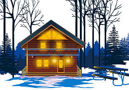 冬日雪地夜晚中的森林小屋