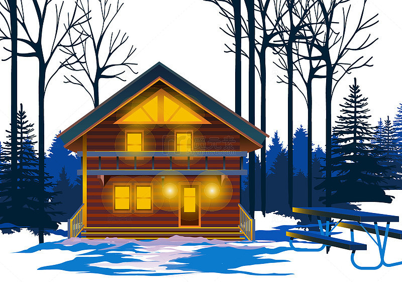 冬日雪地夜晚中的森林小屋