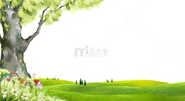 草地村庄大树背景素材