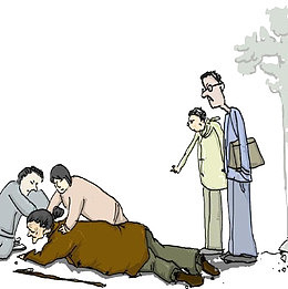 卡通扶起晕倒的老奶奶