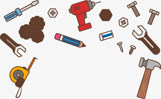 建筑装潢,装潢装修,冲击钻,电钻,电锤,图标,技工,学工,榔头,卡通手 