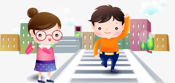 走斑马线的男孩和女孩