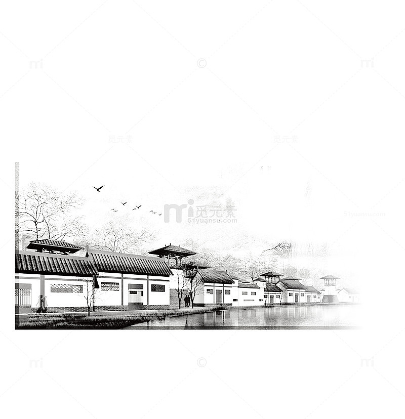 黑白水墨小镇图