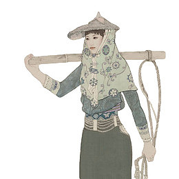 挑着扁担的惠安女钢笔画