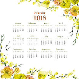 黄色手绘花藤2018年日历模板