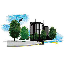 城市建筑物与大树剪影矢量素材