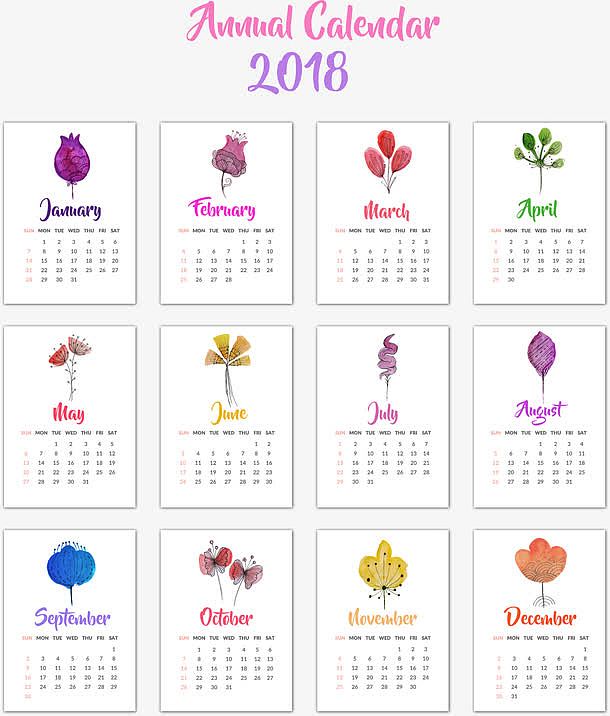 手绘水彩花卉2018年日历模板