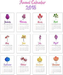 手绘水彩花卉2018年日历模板