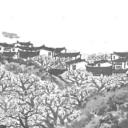 村庄桃花山水水墨画