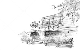 手绘墙角咖啡店插画