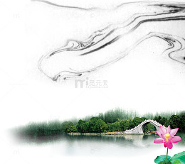水墨线条荷花水乡石桥