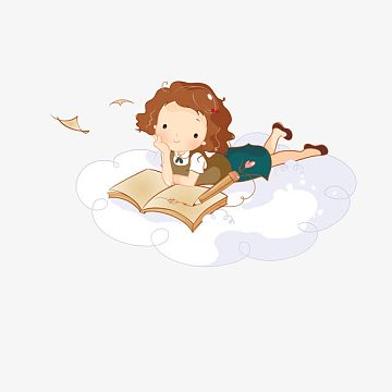 趴着看书的小女孩png读书女孩png卡通可爱看书的女孩手绘简约背景psd