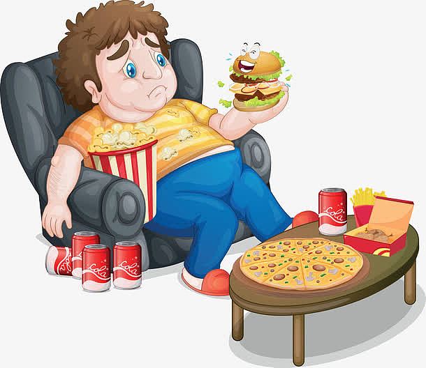 坐在沙发上吃东西的胖子