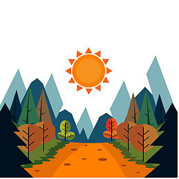矢量秋季扁平山丘树林风景