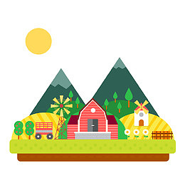 矢量扁平山林山村风景