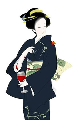和服女子手拿着红酒