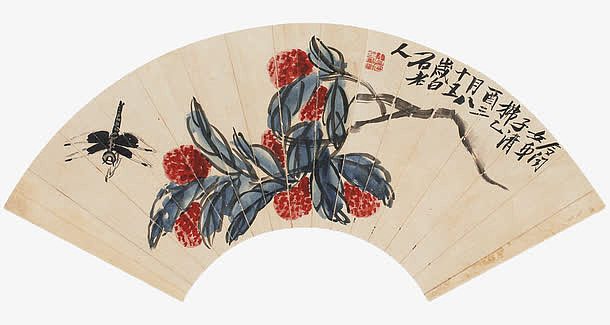 荔枝花鸟扇面画