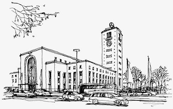 手绘建筑黑白线稿图