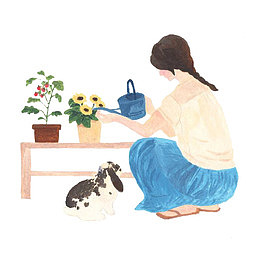 浇花的女孩与小兔子