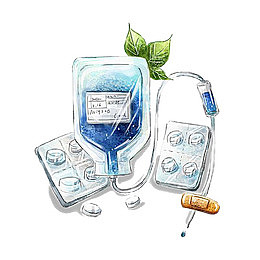 手绘吊瓶和药片