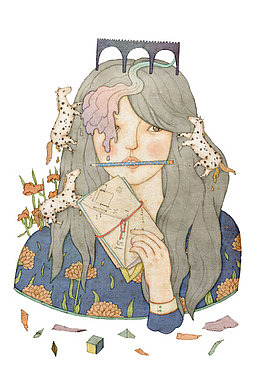 卡通咬着笔的女孩