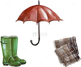 矢量手绘雨伞雨靴和围巾毯子