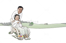 推着做轮椅的老伴下坡