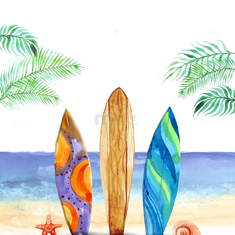 沙滩上的彩色冲浪板矢量图