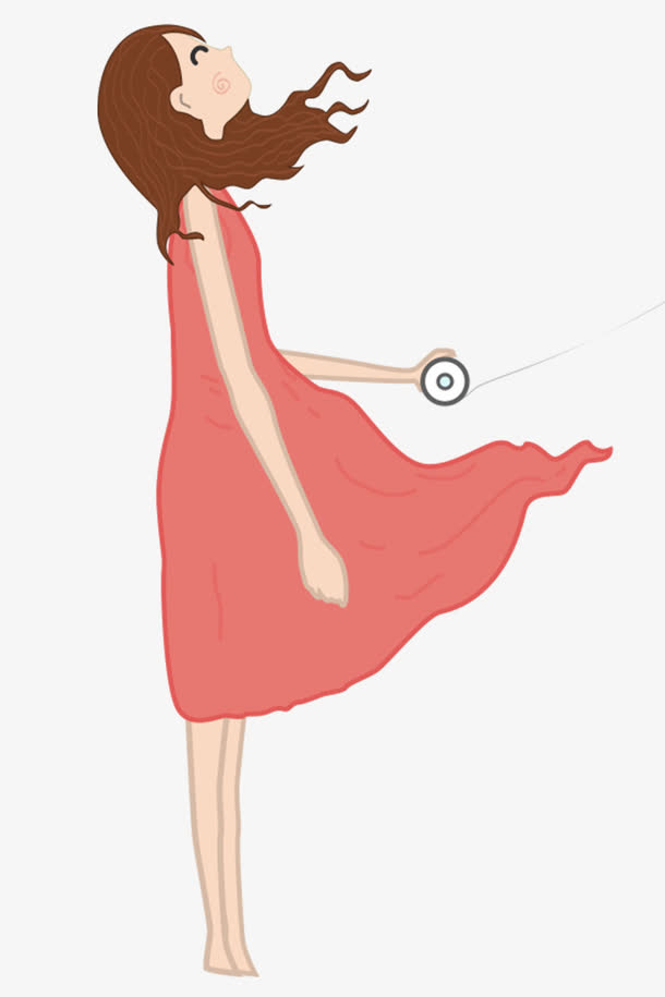 卡通穿红色裙子抬头的小女孩