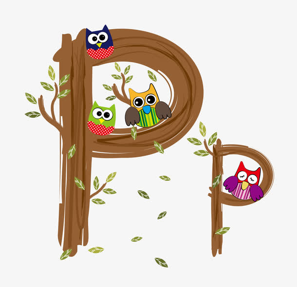 猫头鹰站在英文字母p形状的树上
