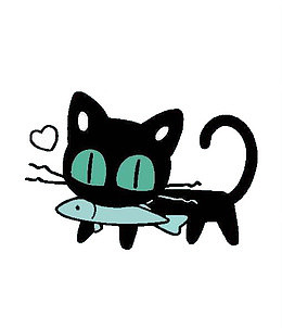 咬着鱼的黑色小猫