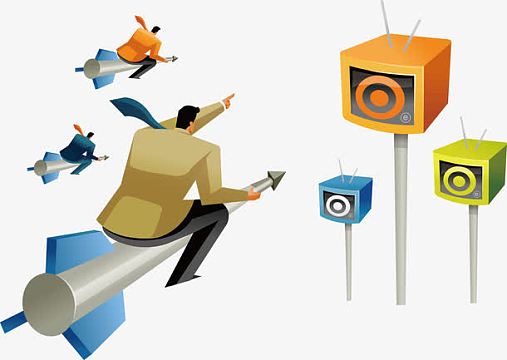 卡通人物坐火箭出发