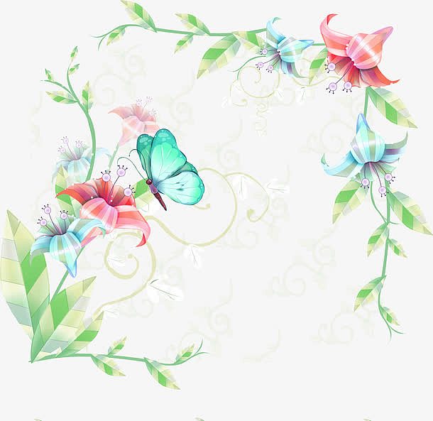 绿叶条花朵蝴蝶装饰边框