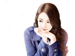 蓝衣长卷发知性美女手绘