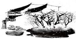 手绘古建筑毛笔画