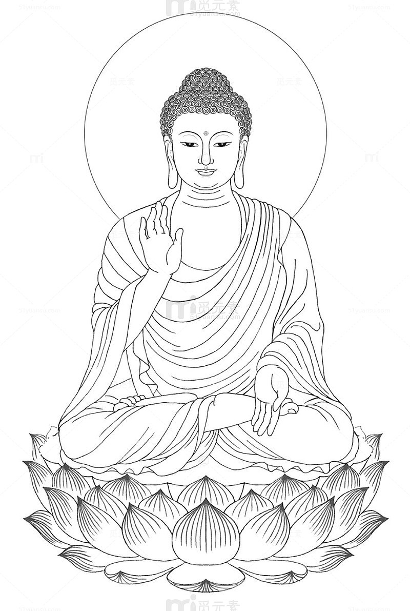 白描手绘释迦牟尼佛画像正坐