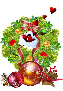 圣诞树和白色爱心信封