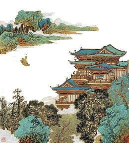 绢本设色滕王阁风景画