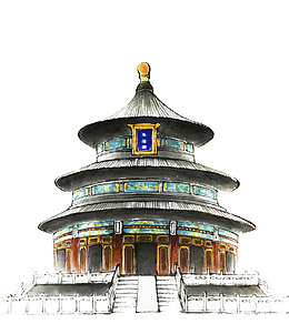 手绘水彩插图中国寺庙