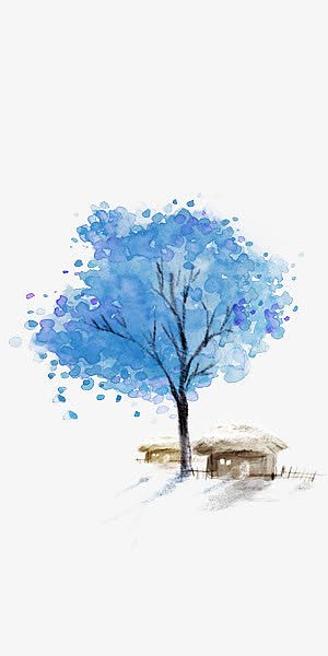 蓝色冬季树房屋水墨风