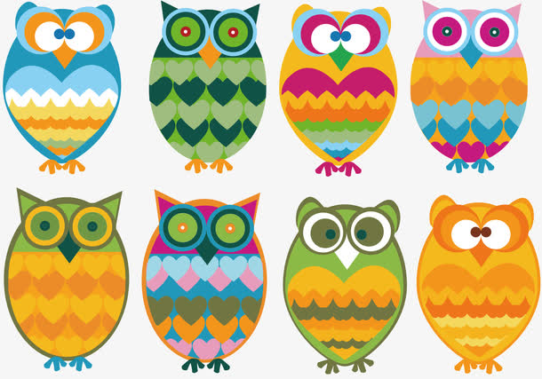 8只彩色的猫头鹰