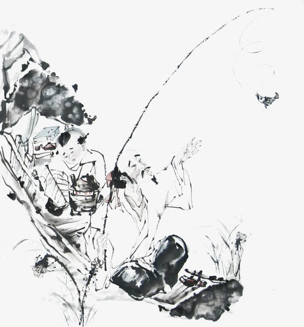 中国风湖面水墨垂钓