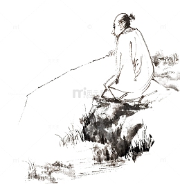岸边水墨垂钓