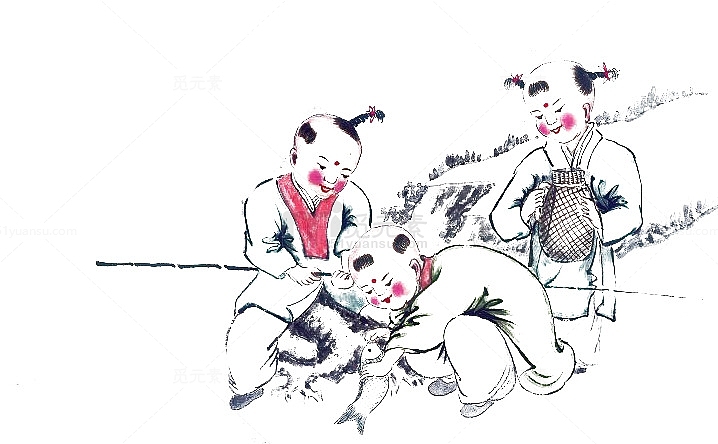 中国风儿童休闲水墨垂钓