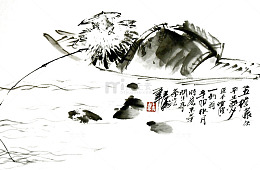 泼墨躺在船上水墨垂钓