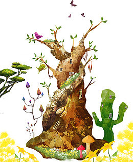 卡通大树和小鸟