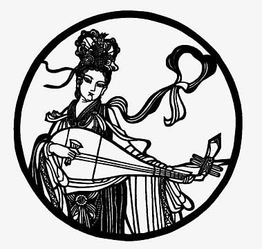 圆形民间剪纸飞仙弹琵琶