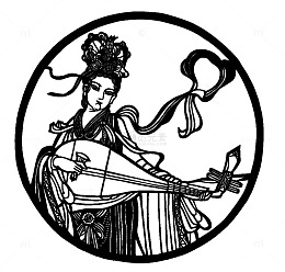 圆形民间剪纸飞仙弹琵琶