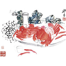 水墨画菊花和蟹
